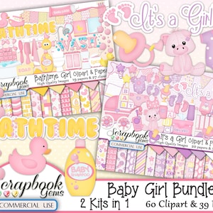 BABY GIRL BUNDLE - 2 kit in 1, 60 Cliparts & 39 pubblicazioni, Download immediato, passeggino, infante, bambino doccia, bolle, vasca da bagno, doccia, pannolino