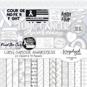 Kit di clipart e documenti per la consapevolezza del cancro al polmone, 22 file clipart png, 14 file cartacei jpeg, download istantaneo, nastro bianco per cancro al polmone, bandiera usa