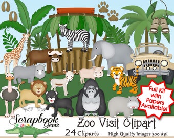 ZOO VISIT! Clipart, 24 png Clipart files, Instant Download gorilla elephant zebra giraffe hippo rhino ostrich lion tiger jungle safari