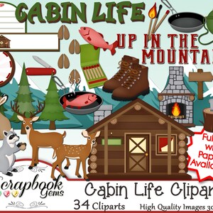 Puede incluir: Un conjunto de clipart digital con 34 imágenes que representan una cabaña en el bosque, animales y otros elementos de temática natural. El texto "Cabin Life Clipart" y "34 Cliparts" está incluido en la imagen. El texto "Full Kit with Papers Available!" también está incluido en la imagen.