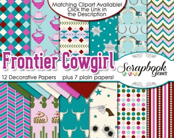 May include: A collection of 19 decorative scrapbook papers with a frontier cowgirl theme. The papers feature various patterns, including horseshoes, cacti, and sheriff badges, in shades of turquoise, pink, and brown. The text "Frontier Cowgirl" is prominently displayed.