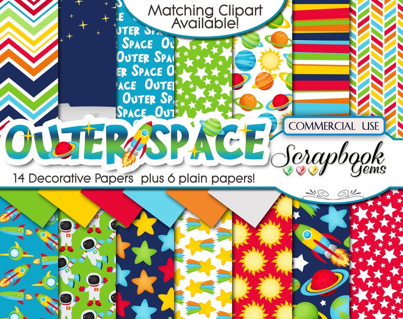 OUTER SPACE Clipart & Papers Kit, 26 png Clipart files, 20 jpeg Paper files, Instant Download, planets, solar system, astronaut, rocket ship image 2