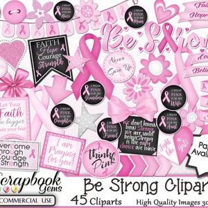 BE STRONG Clipart & Papers Kit, 45 png Clipart files, 25 jpeg Paper files, Instant Download, breast cancer, awareness, pink ribbon, hearts image 3