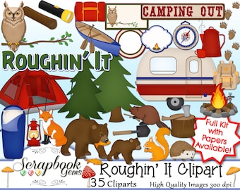 ROUGHIN' IT CAMPING Clipart, 35 png Clipart files Instant Download trailer fishing hunting mountains travel bears chipmunk hedgehog fox owl