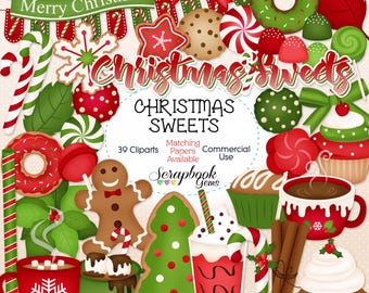 May include: A collection of Christmas-themed sweets and treats, including gingerbread men, cupcakes, donuts, and candy canes. The image features the text "Christmas Sweets" and "Merry Christmas" on a banner. Various colors of red, green, and white are used.