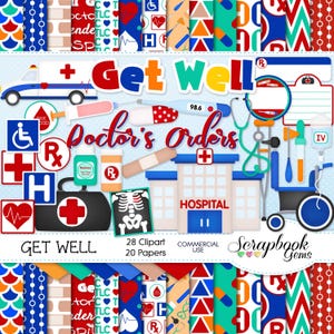 GET WELL Hospital Clipart & Papers Kit, 28 png Clip arts, 20 jpeg Papers Instant Download sickness sick doctor medical ambulance wheelchair