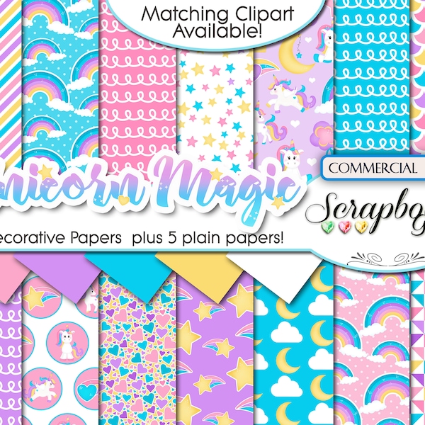 UNICORN MAGIC Digital Papers, 19 Pieces, 12" x 12", High Quality JPEGs, Instant Download, magical, pegasus, girl's birthday party, rainbows