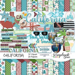 CALIFORNI Clipart and Papers Kit, 57 png Clip Arts, 20 jpeg Papers Instant Download Verenigde Staten, golden gate bridge, strand, zand, surfen