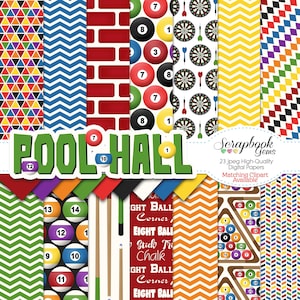 POOL HALL Digital Papers, 23 Pieces, 12&quot; x 12&quot;, High Quality JPEGs, Instant Download billiards triangle brick wall pool stick dart board