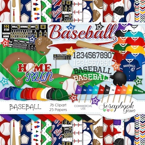 Kit di Clipart e documenti BASEBALL, 76 clipart png, 25 documenti jpeg Download immediato sport base ball guanto guantone maglia casco berretto tabellone segnapunti