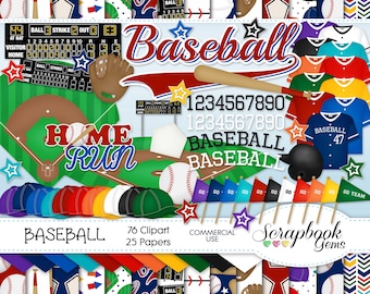BASEBALL Clipart and Papers Kit, 76 png Clip Arts, 25 jpeg Papers Instant Download sports base ball glove mitt jersey helmet cap scoreboard