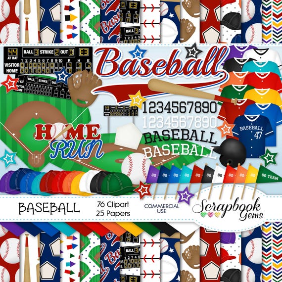 BASEBALL Clipart and Papers Kit, 76 png Clip Arts, 25 jpeg Papers Instant Download sports base ball glove mitt jersey helmet cap scoreboard