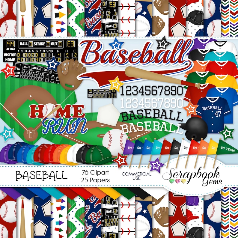 Op de afbeelding: Een digitale scrapbook papier- en clipartset met een baseballthema. De set bevat 76 clipart-afbeeldingen en 25 digitale papieren. De papieren bevatten honkballen, knuppels, handschoenen, sterren en andere baseball-ontwerpen. De clipart bevat honkballers, knuppels, ballen en andere baseball-afbeeldingen. De set is perfect voor het maken van baseball-thema ambachten, kaarten en scrapbookpagina's.