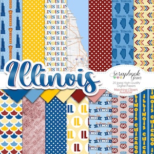 ILLINOIS State Digital Papers, 20 peças, 12" x 12", JPEGs de alta qualidade, download instantâneo, Sears Tower, Willis Tower, placa de Chicago, rota 66