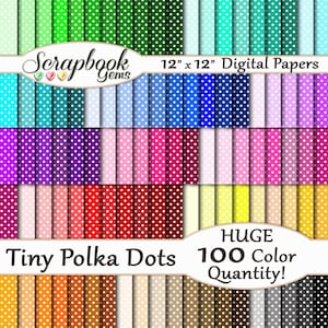 Puede incluir: Un conjunto de 100 papeles digitales con pequeños lunares blancos sobre una variedad de fondos de colores. Los papeles miden 30,5 cm x 30,5 cm y son perfectos para scrapbooking, creación de tarjetas y otros proyectos de manualidades.