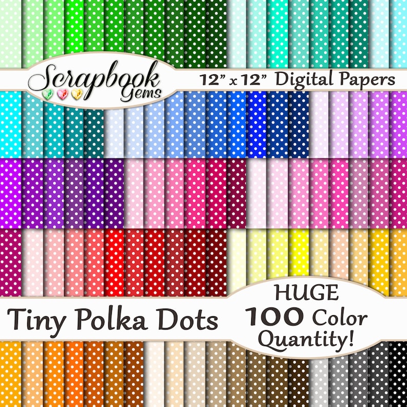 May include: A set of 100 digital papers featuring tiny white polka dots on a variety of colored backgrounds. The papers are 12 inches by 12 inches and are perfect for scrapbooking, card making, and other crafting projects.