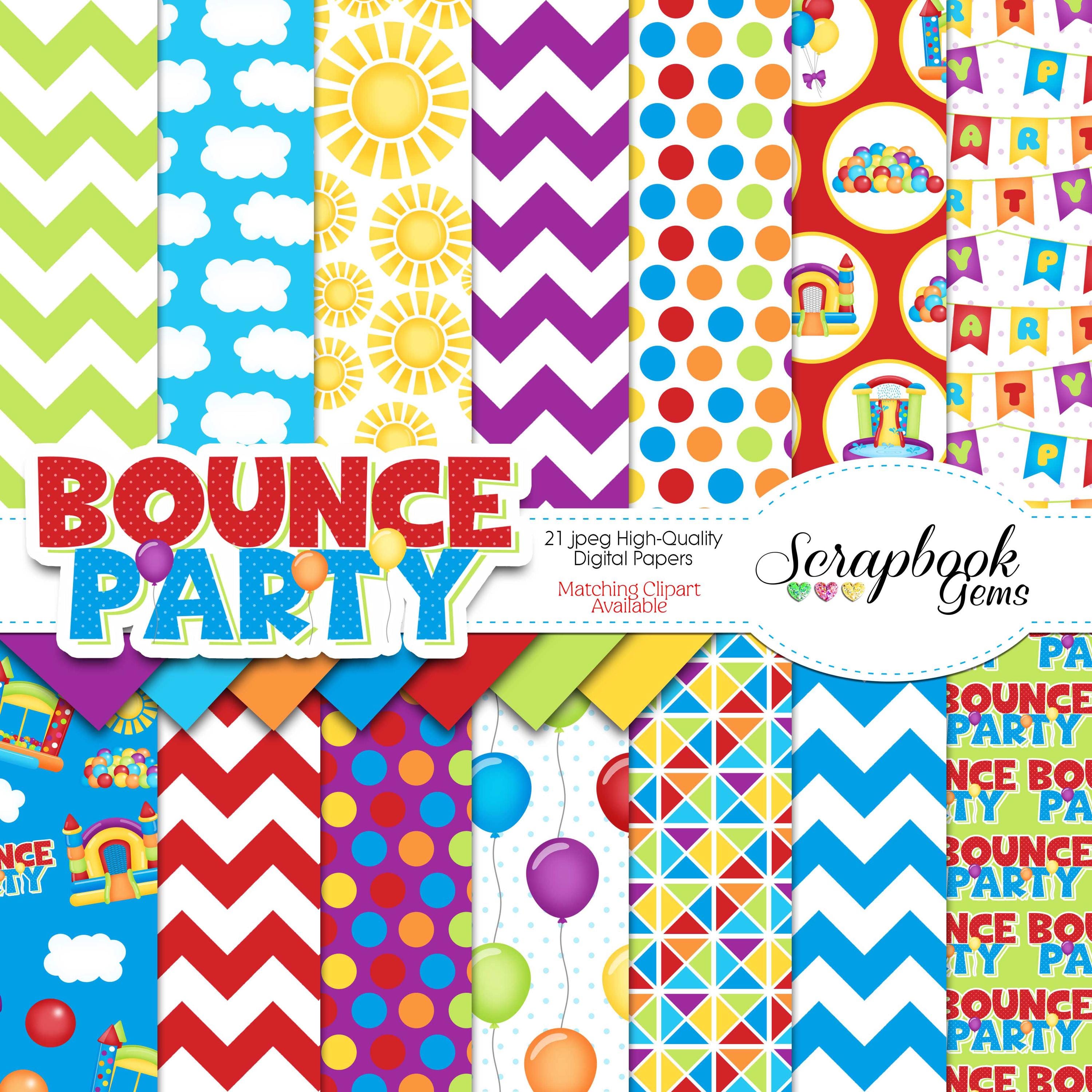 BOUNCE PARTY Digital Papers, 21 Pieces, 12" x 12", High Quality JPEGs, Instant Download, bounce house, birthday party, balloon, water slide