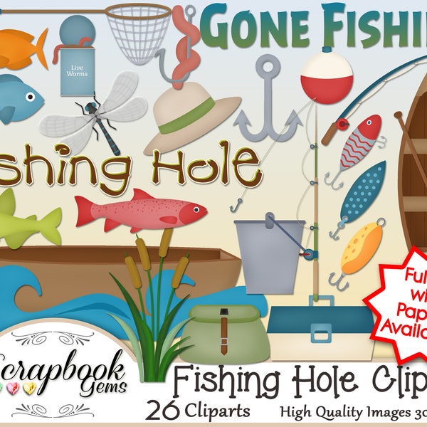 FISHING HOLE Clipart, 26 png Clipart files, Instant Download fish bass trout dragonfly water pond wave pole lure hook worm tackle canoe boat