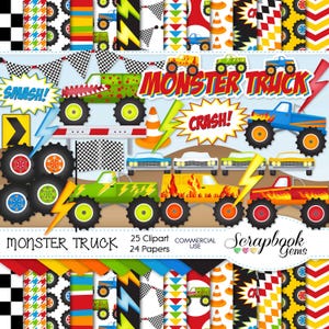 MONSTER TRUCK Clipart und Papiere Kit, 25 png Clip-arts, 24 jpeg Papiere Sofortiger Download Straßen Sammlung MotocrossPickup Truck Beleuchtung Schraube Flagge