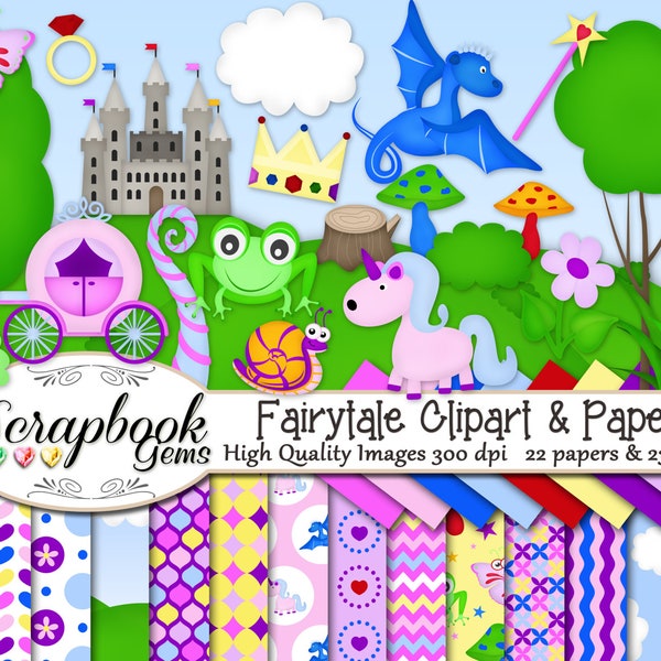 FAIRYTALE Clipart & Papers Kit, 23 png Clipart files, 22 jpeg Paper files Instant Download magic unicorn dragon cinderella digiscrap fantasy