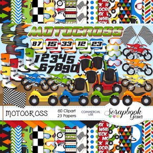Kit de cliparts et de papiers MOTOCROSS, 60 cliparts png, 23 papiers jpeg téléchargement immédiat rallye routier VTT 4 roues moto dirt bike drapeau de course