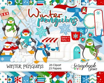 WINTER PINGUINE Clip art and Papers Kit, 26 png Clip arts, 23 jpeg Papers Sofortiger Download Schnee Iglu Schneeflocke Skier Schlittschuhe Schlitten Kakao Fäustling