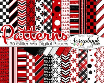 Red, Black, & White GLITTER MIX Digital Papers, 30 Pieces, 12" x 12" High Quality JPEGs, digiscrap patterns Commercial Use Scrapbook mickey