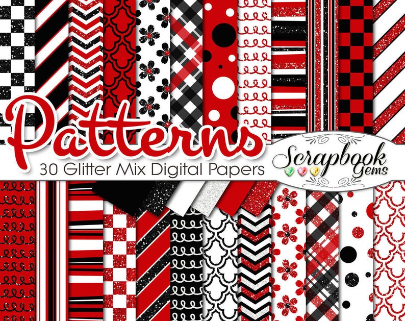 Red, Black, & White GLITTER MIX Digital Papers, 30 Pieces, 12 x 12 High Quality JPEGs, digiscrap patterns Commercial Use Scrapbook mickey image 1