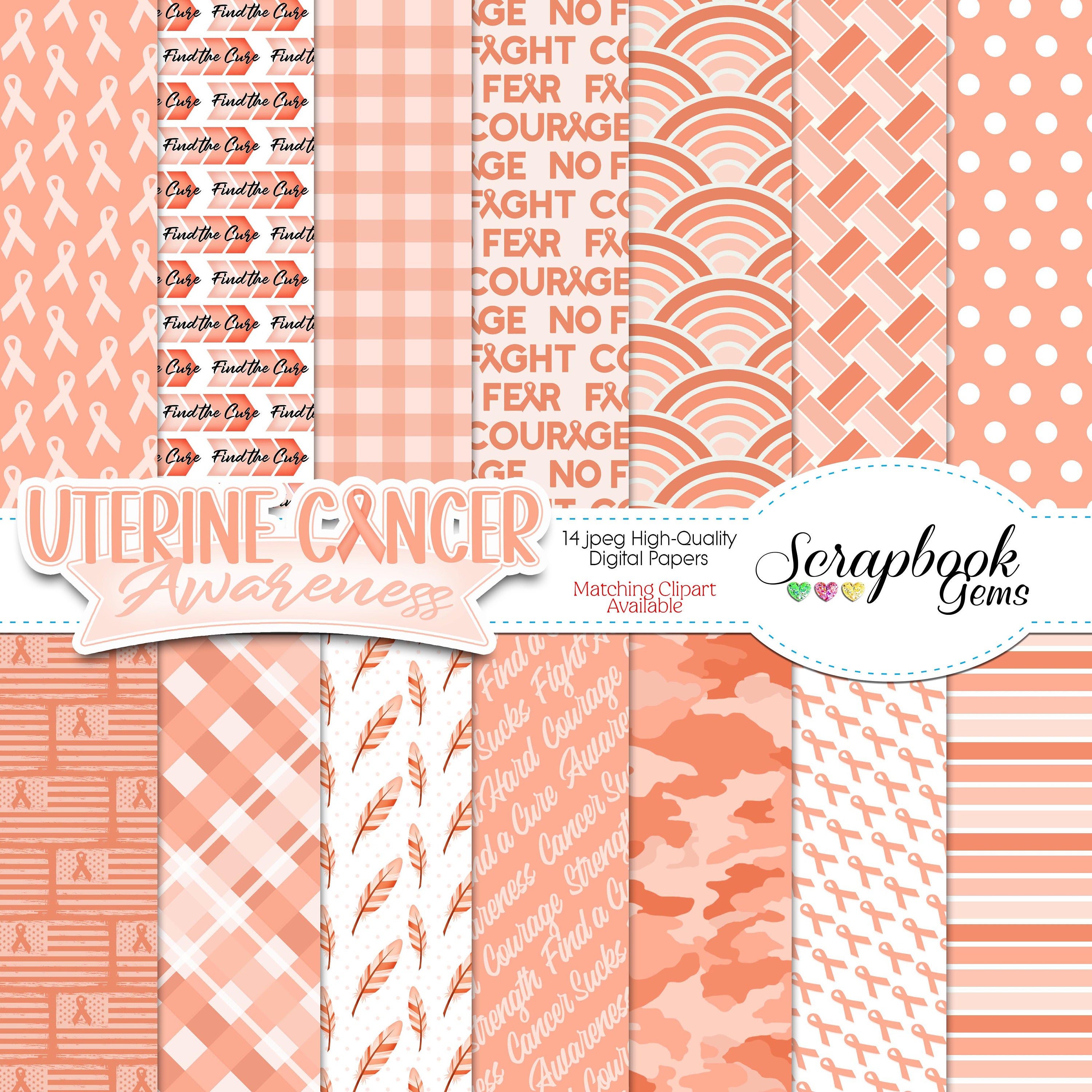 UTERINE CANCER Awareness Clipart & Papers Kit, 22 Png Clipart Files, 14 ...