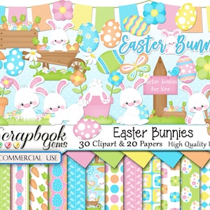 Kit de clipart e papéis de COELHOS DA PÁSCOA, 30 arquivos de clipart png, 20 arquivos de papel jpeg, download instantâneo coelhinhos cenouras cesta ovos pintados
