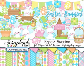 EASTER BUNNIES Clipart & Papers Kit, 30 png Clipart files, 20 jpeg Paper files, Instant Download bunny bunnies carrots basket painted eggs