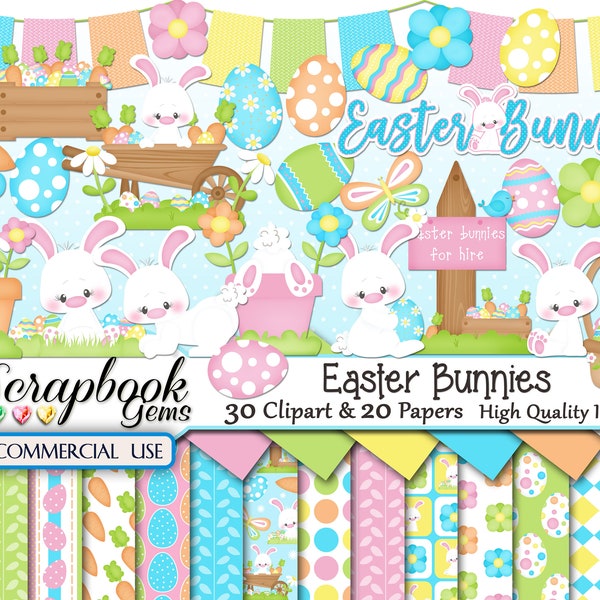 EASTER BUNNIES Clipart & Papers Kit, 30 png Clipart files, 20 jpeg Paper files, Instant Download bunny bunnies carrots basket painted eggs