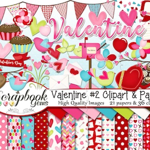 VALENTINE #2 Kit de clipart e papéis, 36 png Clip Arts, 21 jpeg Papers Download instantâneo amor casamento chocolates coração pássaro caixa de correio envelope