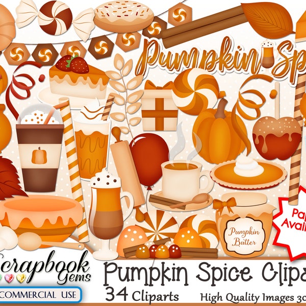 PUMPKIN SPICE Clipart, 34 png Clipart files, Instant Download, autumn, cinnamon, leaf, leaves, fall, pumpkin pie, candy apple, latte, coffee