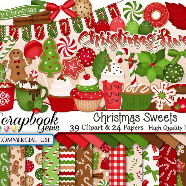 CHRISTMAS SWEETS Clipart & Papers Kit, 39 png Clipart files, 24 jpeg Paper files, Instant Download, candy cane, cocoa, donut, cookie, spice