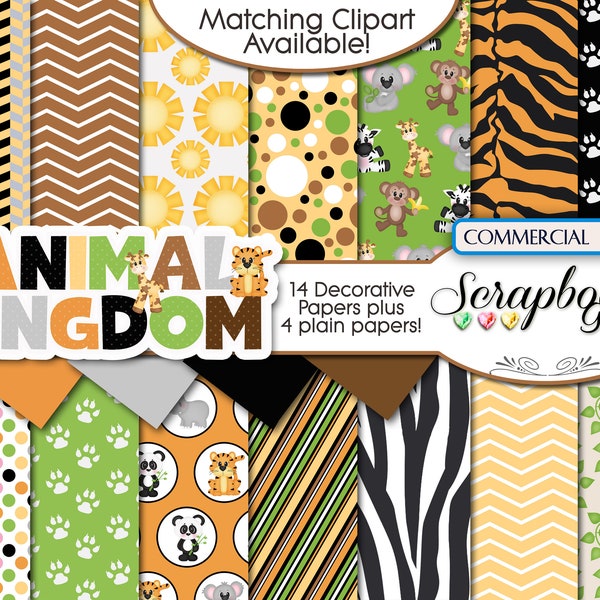 ANIMAL KINGDOM Digital Papers, 18 Pieces, 12" x 12", High Quality JPEGs, Instant Download zebra, jungle, safari, zoo, train, panda, tiger