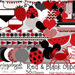 May include: A collection of red, black, and white scrapbook clipart elements. Includes hearts, ladybugs, strawberries, speech bubbles, and decorative borders. The text reads "Red & Black Clipart" and "56 Cliparts".