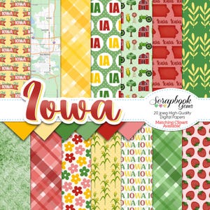 May include: A set of 20 digital papers featuring various patterns related to the state of Iowa. The patterns include a map of Iowa, a checkered pattern, a pattern of corn stalks, a pattern of flowers, a pattern of strawberries, and a pattern of the letters "IA" in circles. The text "Scrapbook Gems" and "Matching Clipart Available" is also included.