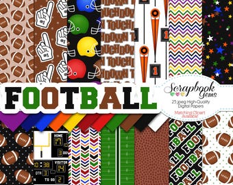 Puede incluir: Un conjunto de 25 papeles digitales con patrones de temática futbolística. Los patrones incluyen balones de fútbol, cascos, estrellas, zigzags y las palabras "Touchdown" y "Football".