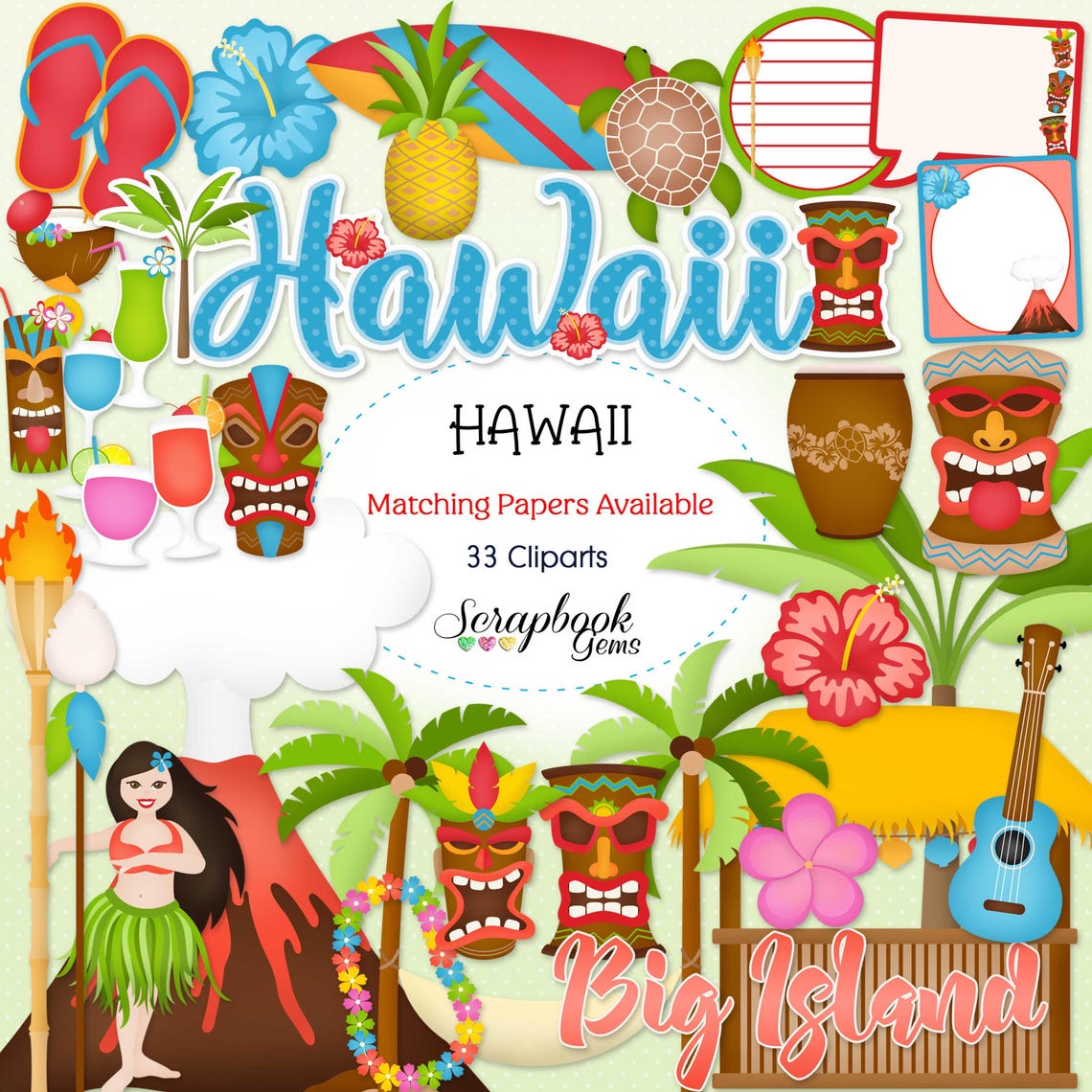 HAWAII Clipart and Papers Kit, 33 Png Clip Arts, 23 Jpeg Papers Instant ...