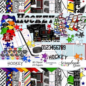 Kit de cliparts et papiers HOCKEY, cliparts png 80, 24 papiers jpeg téléchargement immédiat sport but hockey rondelle maillot bâton filet masque patinoire
