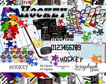 May include: A digital scrapbook kit with 80 clipart images and 24 papers featuring a hockey theme. The kit includes images of hockey players, jerseys, pucks, sticks, and a scoreboard. The text "HOCKEY" appears multiple times in the image. The kit is for commercial use.