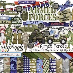 ARMED FORCES Clipart & Papers Kit, 43 png Clipart files, 24 jpeg Paper files, Instant Download, army, navy, air force, marine corp, military