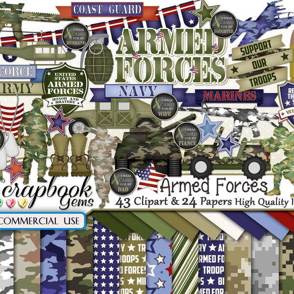ARMED FORCES Clipart & Papers Kit, 43 png Clipart files, 24 jpeg Paper files, Instant Download, army, navy, air force, marine corp, military