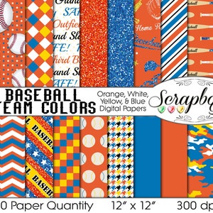 Könnte beinhalten: Eine Sammlung von 20 digitalen Scrapbook-Papieren in Baseball-Teamfarben. Die Papiere zeigen Muster von Basebällen, Schlägern, Sternen, Streifen und Glitzer in Orange, Weiß, Gelb und Blau. Jedes Papier misst 30,48 cm x 30,48 cm.