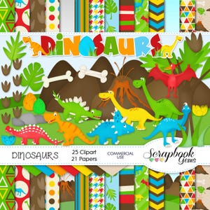 DINOSAURI Clipart & Papers Kit, 25 file clipart png, 21 file cartacei jpeg, download immediato dinosauro Giurassico, vulcano t-rex stegosauro