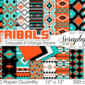 May include: 20 digital papers featuring turquoise and orange tribal patterns. Each paper is 12 inches by 12 inches and 300 dpi.