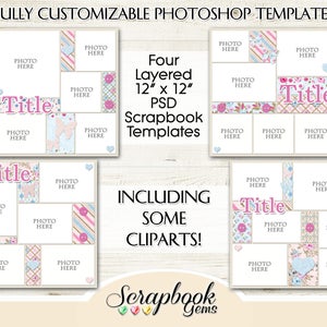 Four 12" x 12" Pocket Digital Scrapbook Layered Photo Templates, PSD Format baby infant digiscrap photoshop customizable editable collage