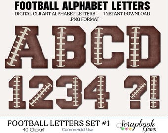 Peut inclure: Un ensemble de 40 lettres et chiffres de l'alphabet sur le thème du football de couleur marron. Les lettres sont A, B, C, D, 1, 2, 3, 4, et les signes de ponctuation sont un point d'exclamation et un point d'interrogation. Les lettres et les chiffres sont marrons avec des coutures blanches. Les lettres et les chiffres sont au format clipart numérique. Le texte sur l'image est "Football Alphabet Letters", "Digital Clipart Alphabet Letters", ".PNG Format", "Instant Download", "Football Letters Set #1", "40 Clipart", "Commercial Use", et "Scrapbook Gems".