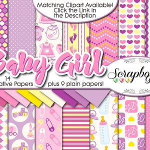 Papéis digitais BABY GIRL, 23 peças, 12 "x 12", JPEGs de alta qualidade, download instantâneo, chupeta de mamadeira, brinquedos, alfinete de segurança infantil, estrelas de veleiro